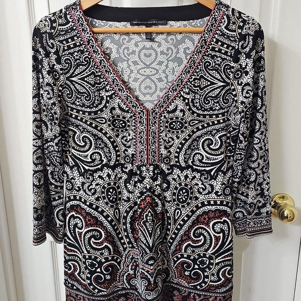 Boho Chic White House Black Market Paisley V-Neck 3/4 Sleeve Tunic Top Size S